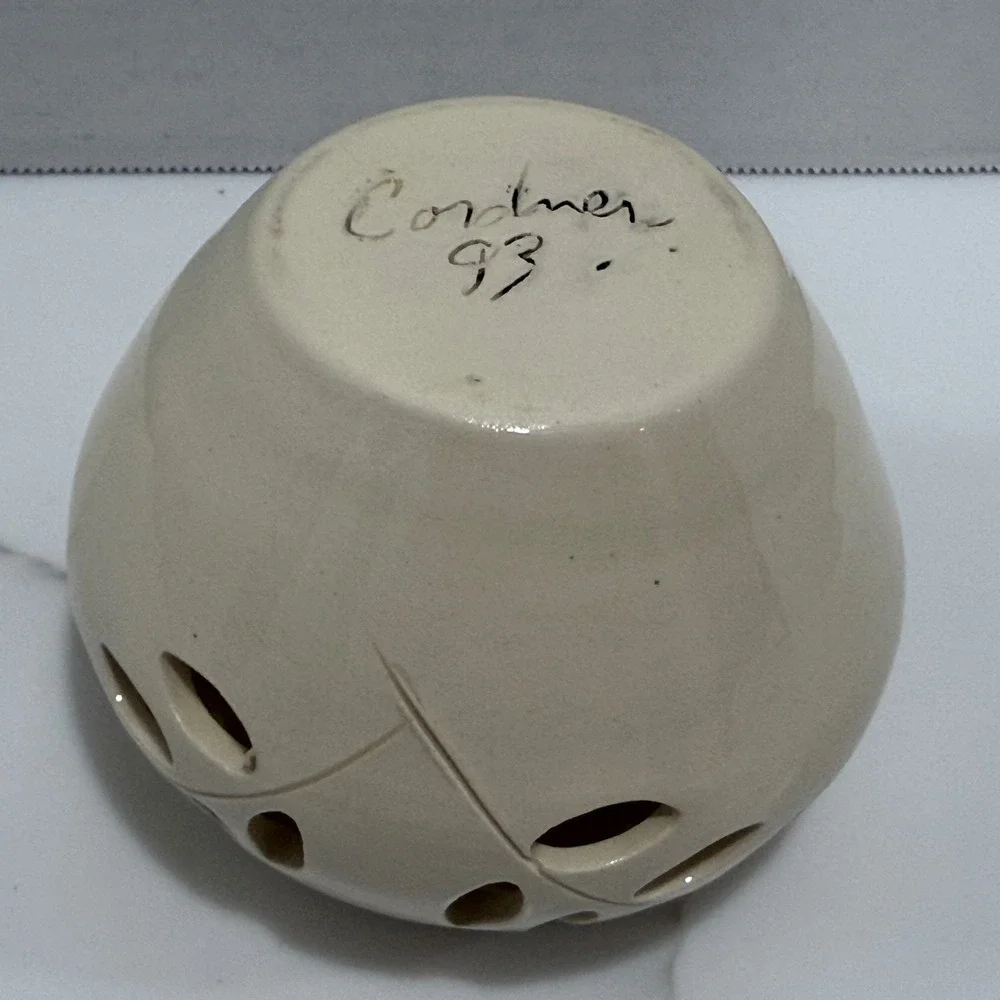 Vintage Handmade Ceramic Pottery Candle Luminary Cutout Pierced Leaves Signed